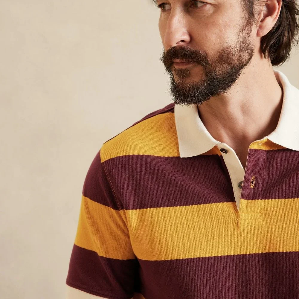 Banana Republic Bold Stripe Yellow Gingko Leaf Organic Cotton Pique Polo